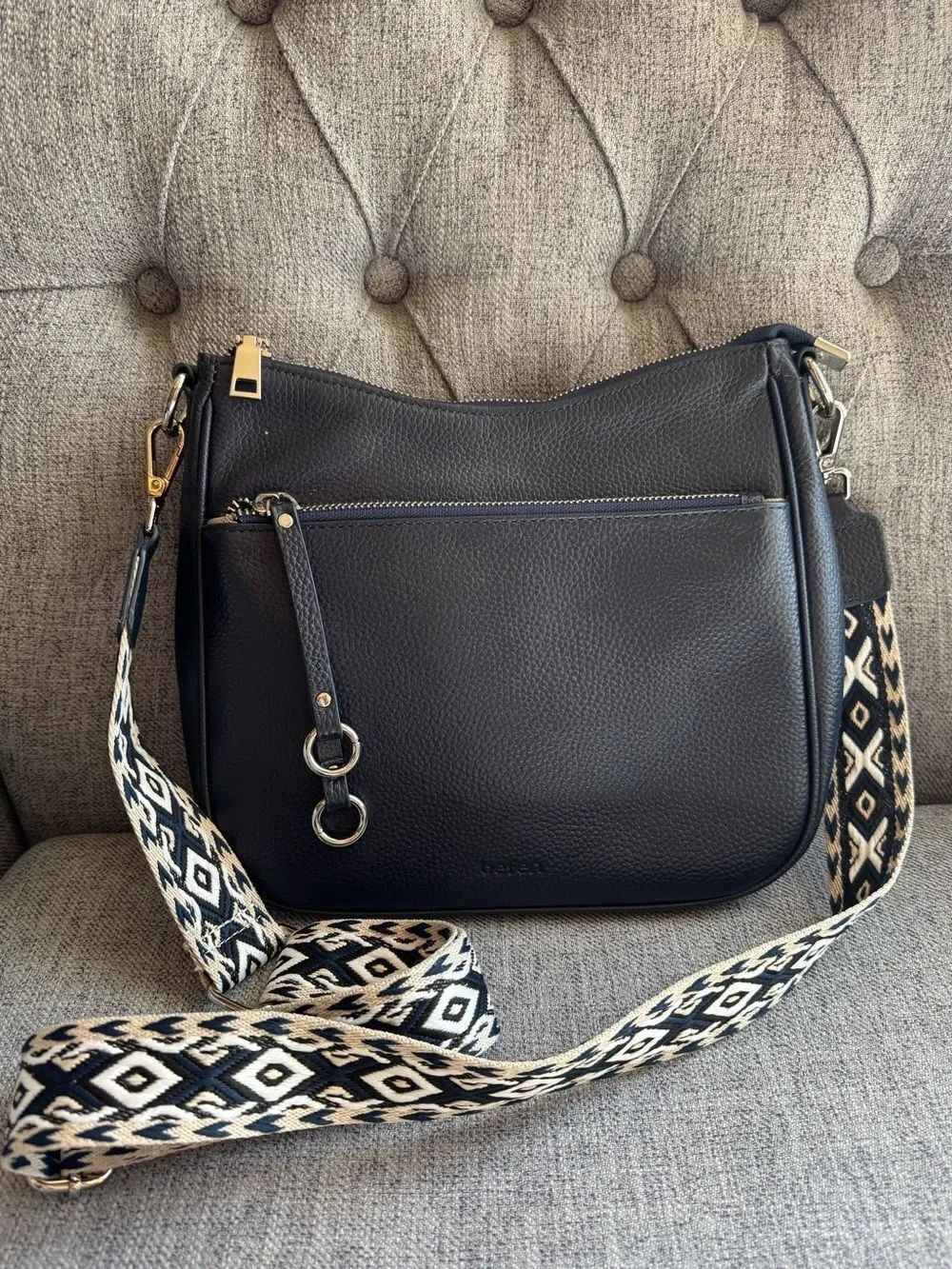 Befen Pebbled Leather Crossbody Bag Adjustable Guitar Strap Zip Purse Navy Blue
